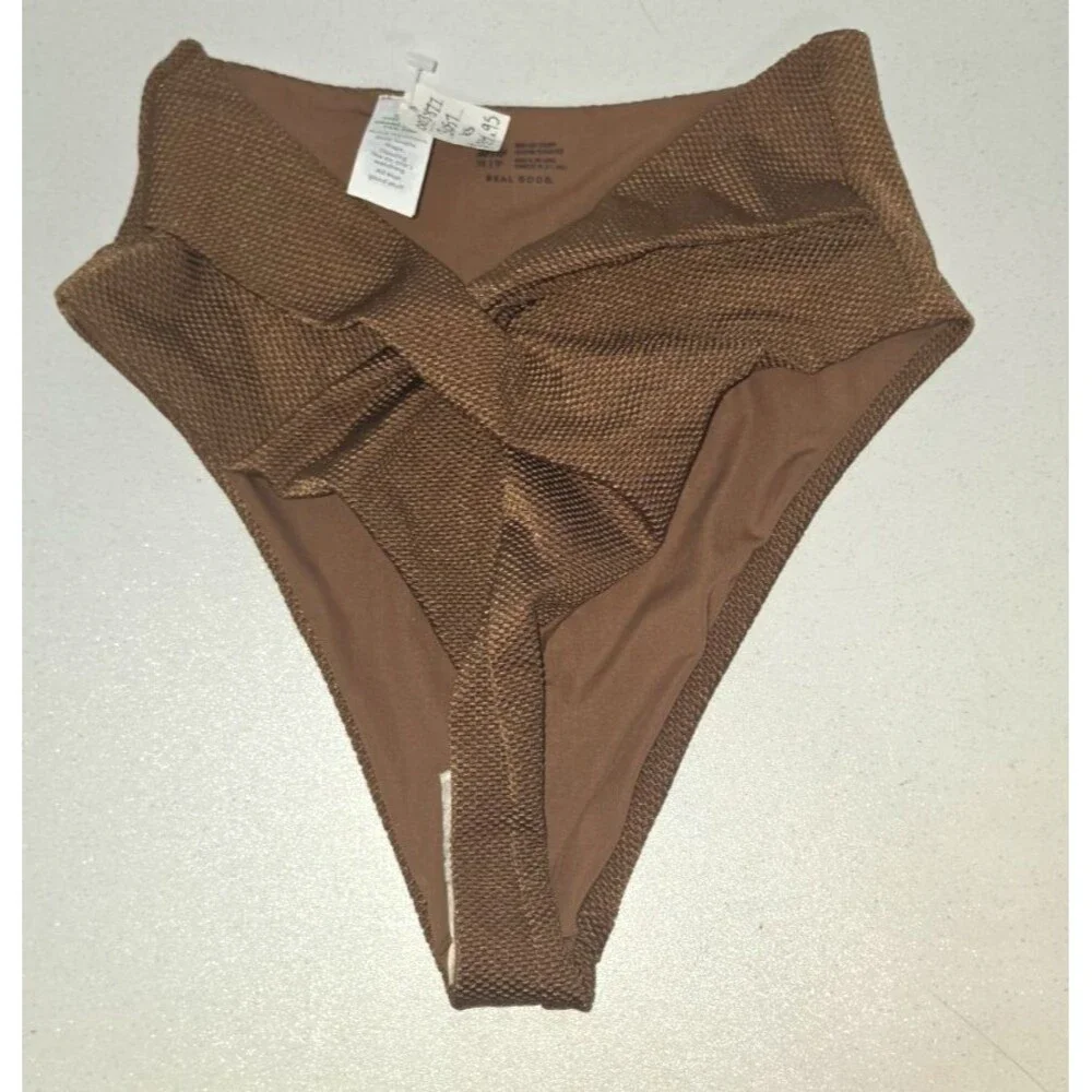 Aeire High Cut Cheeky Brown Waffle Weave Swim Bathing Suit Bottom XS NEW $34.95